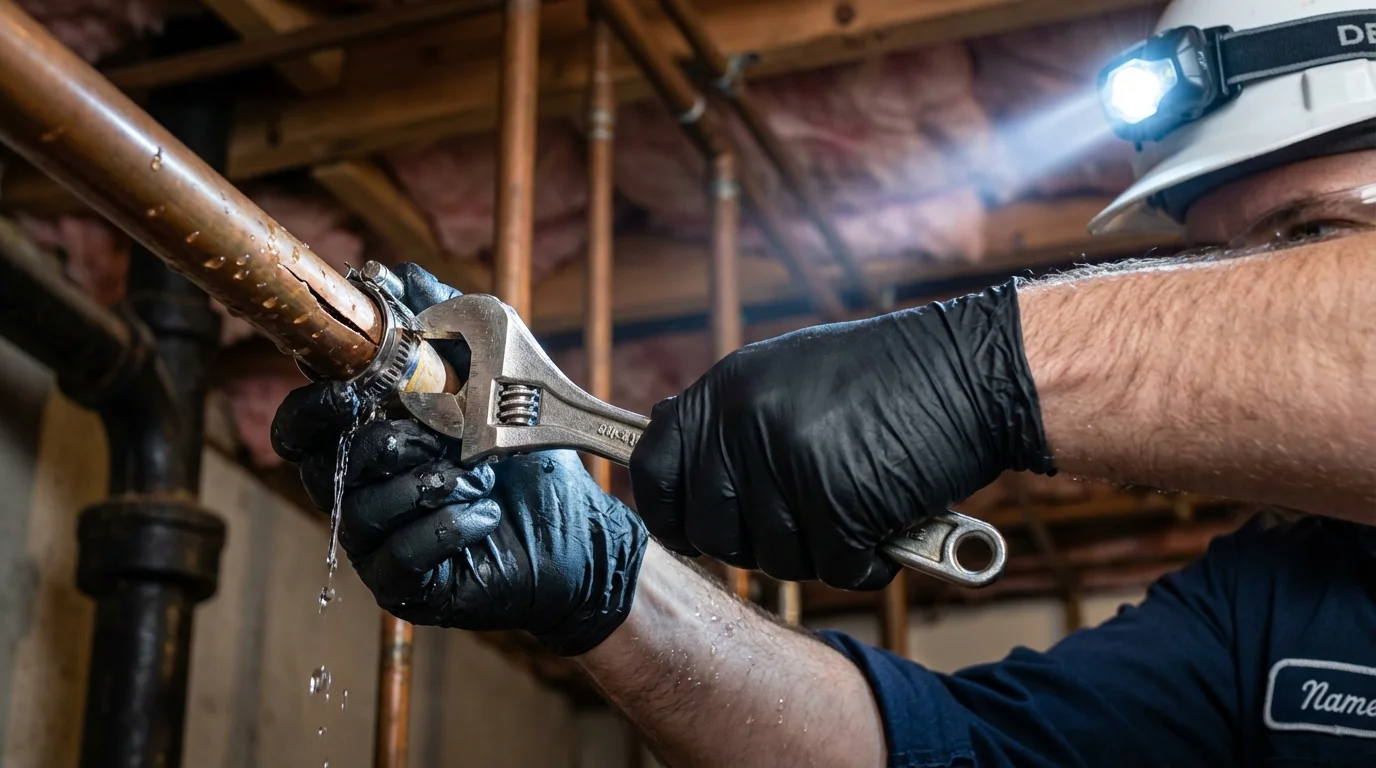 Emergency pipe clamp repair being performed by a Johns Plumbing LLC plumber in Yanceyville