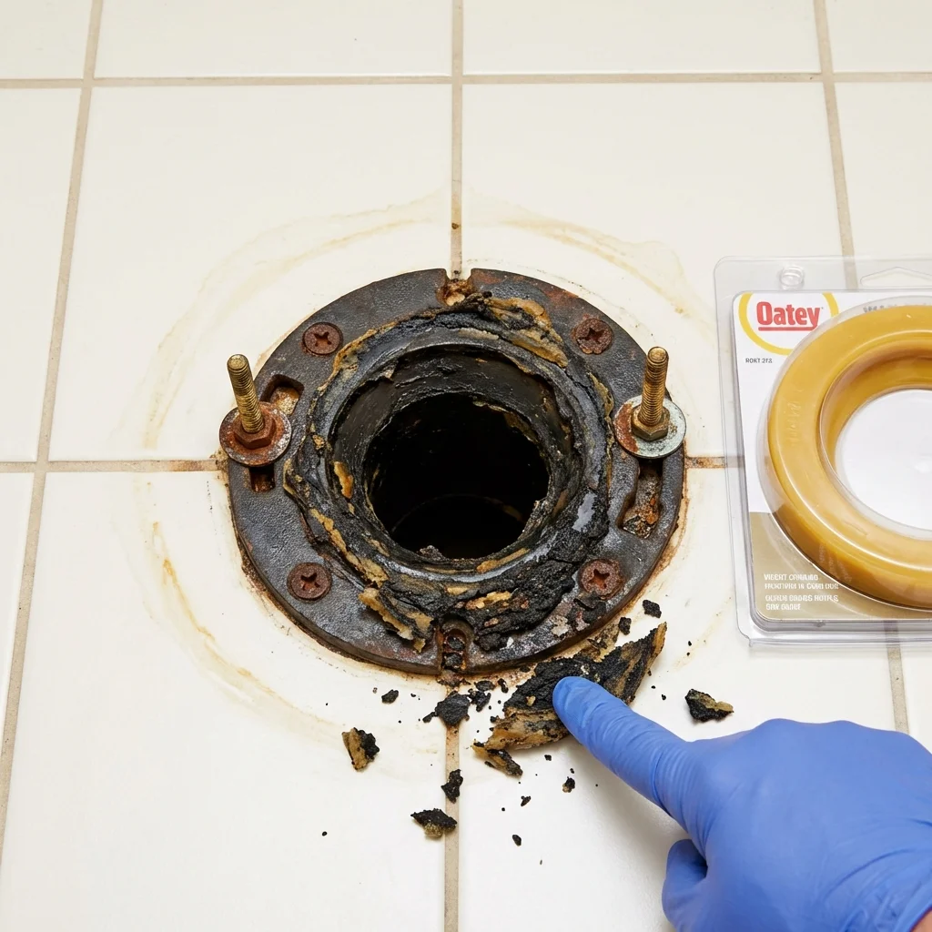 Failed wax ring showing water seepage at the base of a toilet in a Yanceyville, NC home