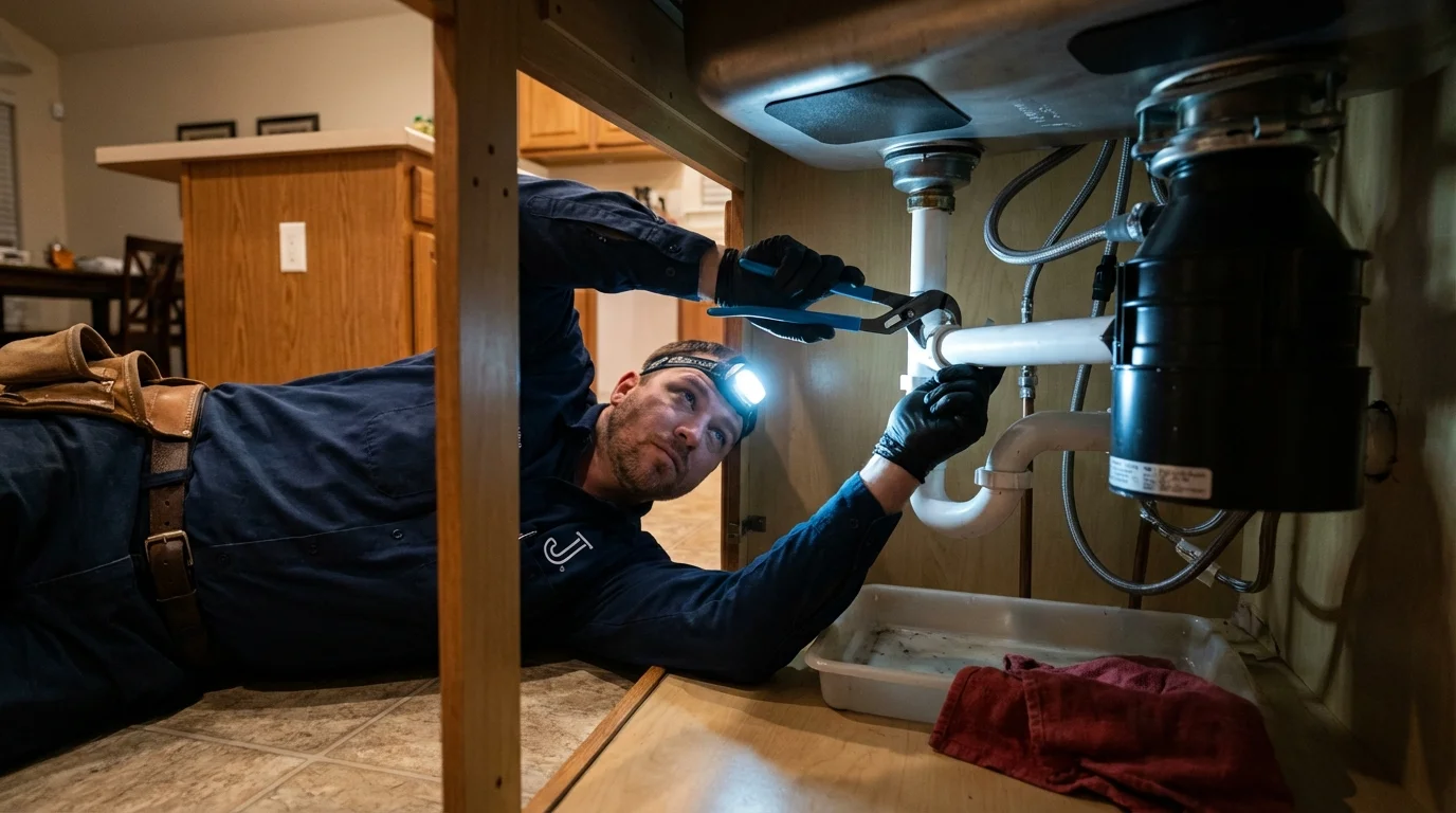 P-trap and supply line connections under a kitchen sink showing a common leak point in Yanceyville, NC